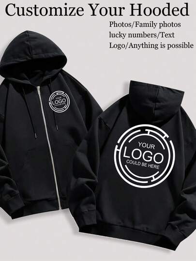 Customized Men's Hooded Zip-Up Sweatshirt, Front & Back Customized Logo/Christmas/Halloween/Thanksgiving/Dance Crew Logo/Work Uniform/School Class/Advertising Print/Lucky Number - Family, Pets, Friends - Any Design, Warm Thermal Lined For Autumn, Long Sleeve Top