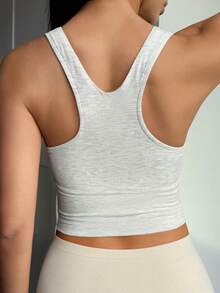 GAOVOT Áo thể thao nữ kiểu Y2K màu trơn ôm sát, phong cách thường ngày, thích hợp cho mùa hè. - Xám - Xem 2