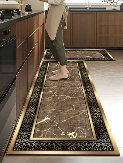 1片硅胶厨房地垫，仿大理石纹理，带金色纹路，外观奢华优雅