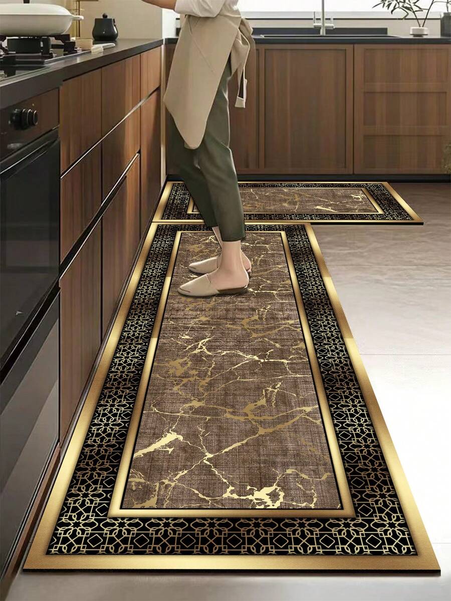 1片硅胶厨房地垫，仿大理石纹理，带金色纹路，外观奢华优雅