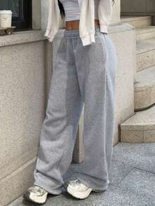 Sulojter Casual Loose Solid Color Elastic Waist Sweatpants - Grey - View 7
