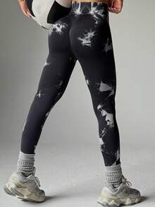 Tie-Dye Fashionable Yoga Leggings, Breathable Lifting Sexy Workout Tights, Women Sports Wear - Black - View 3