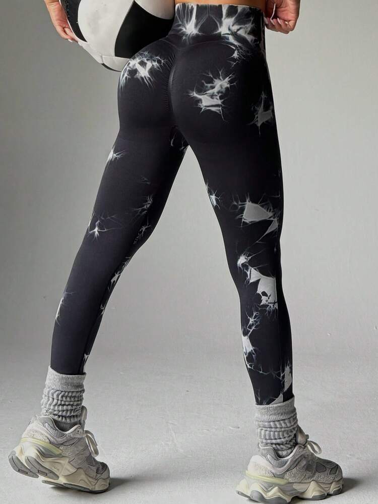 Tie-Dye Fashionable Yoga Leggings, Breathable Lifting Sexy Workout Tights, Women Sports Wear Black Spring - Black - View 3