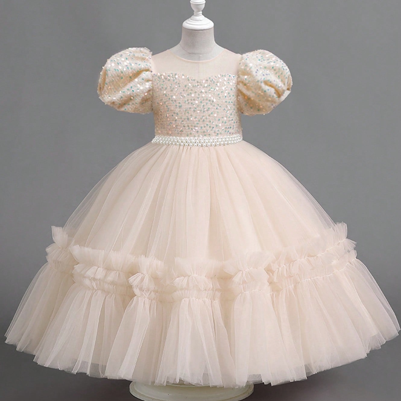 Vestido largo abultado con cuentas y lentejuelas estilo princesa para fiesta de niñas, vestido de novia o cumpleaños