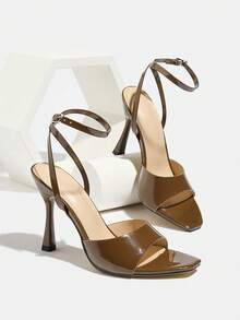 女士高跟凉鞋，适合春夏季、夜店、派对、户外、时尚、优雅、高端宴会、镜面工艺、细高跟、方头、派对、度假、奢华、性感 PU 皮革、交叉细裸带、扣环、闪亮纯色、舒适材质、性感踝带、优雅、端庄、巧克力鞋、优雅高跟凉鞋 - 巧克力棕 - 查看 7