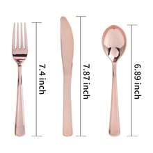 50/25 piezas Juego de cubiertos en color oro rosa: Cuchillo, Tenedor, Cuchara, Fácil de limpiar y reutilizable, Incluye cuchillo de fruta, tenedor de fruta, cuchara para pasta, cuchara de postre, cuchillo para tarta, tenedor y cuchara de ensalada. Adecuado para: Hogar, Restaurante, Exterior, Cumpleaños, Boda, Fiesta, Picnic, Graduación, Suministros escolares, Vajilla navideña