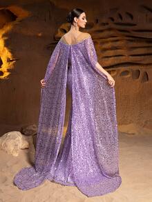 Luxury Lavender Sequined & Crystal Embellished Mermaid Gown - Sheer Cape Sleeves With Deep V Neck For Red Carpet Events, Opera Galas And Charity Balls