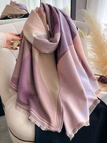 1 pieza Bufanda reversible de mujer con patrón de bloques de color de imitación de cachemira, chal versátil de moda, gruesa y cálida para uso diario en habitaciones con aire acondicionado, otoño/invierno para vestir - rosa morado - Ver 2