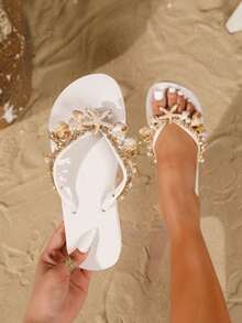 Evertop Surf 手工串珠贝壳和海星水钻装饰链，女士夏季沙滩拖鞋软底防滑，度假女神风格原创设计女鞋带可拆卸装饰链 - 白色 - 查看 4