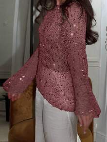 Yuwenier Sexy Hollow Out Sheer Sequin Embellished Crochet Cover-Up Batwing Long Sleeve Loose Fit Tops Rave Party - Burgundy - View 3