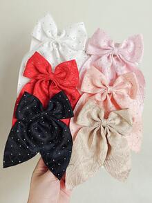 6pcs/Set Girls/Teens Rhinestone Bow Asymmetrical Textured Fabric Hair Clips, Pink/Red/Black, Daily Use Hair Accessories - Multicolor - View 3
