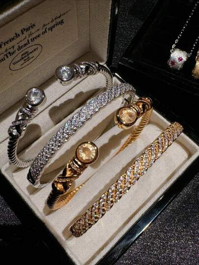 1pc 925 Sterling Silver 18K Gold Plated Vintage Textured Bracelet With Diamonds