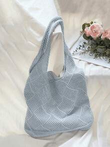 Leisure Large Capacity Woven Bag Hollow Design Knitted Shoulder Bag Holiday Beach Shopper Tote For Women Travel Women Crochet Tote Bag Hollow Beach Bag Large Capacity Fashion Knitted Bag Solid Color Simple Shopping Bag For Travel Vacation