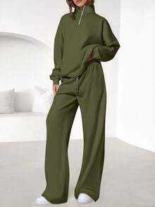 Womens Casual 2 Piece Sets Fall Outfits Quarter Zip Sweatshirts Straight Leg Pants Sweatsuits Tracksuit Valentine Vacation Spring Clothes For Women - xanh quân đội - Xem 1