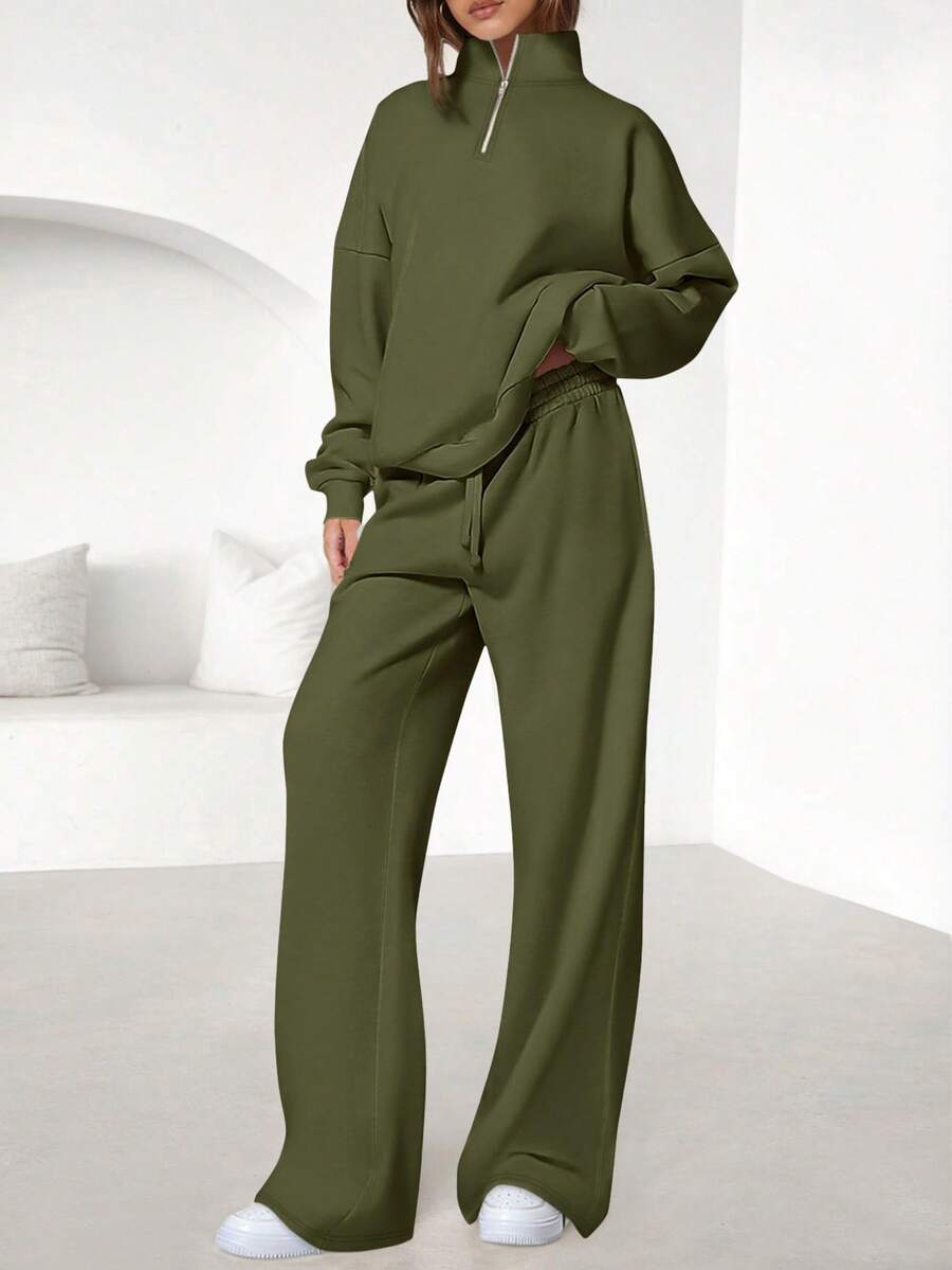 Womens Casual 2 Piece Sets Fall Outfits Quarter Zip Sweatshirts Straight Leg Pants Sweatsuits Tracksuit Valentine Vacation Spring Clothes For Women - xanh quân đội - Xem 1