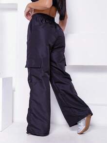 Parachute Tactel Cargo Pants With Adjustable Drawstring Pockets And Wide Leg Cargo Pants - Black - View 4