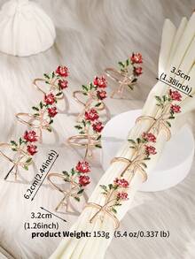 10pcs Floral Napkin Holder Charming Rose Design Reusable Serviette Ring For Weddings Valentine Day And Dinner Parties Elegant Table Decor Accessory - 玫瑰紅 - 查看 5
