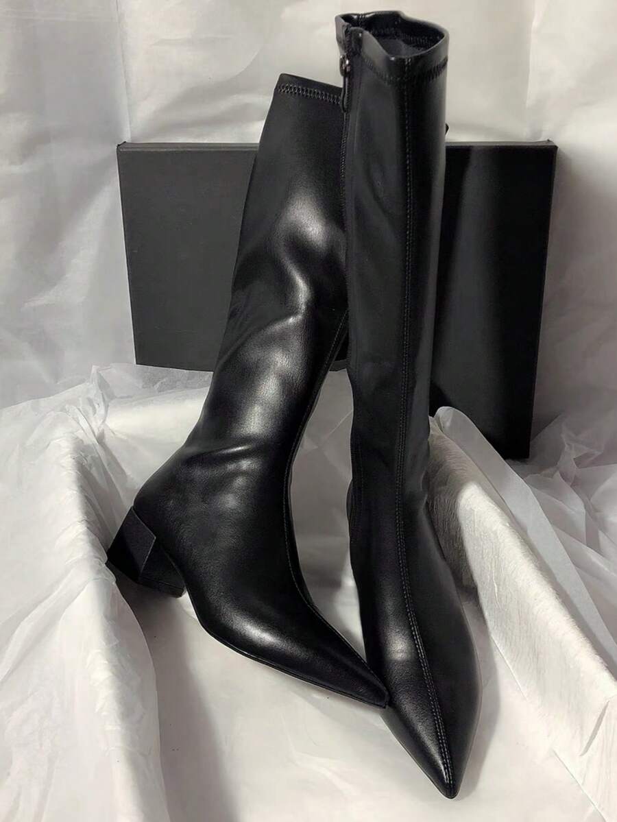 Women's High Heel Thigh High Boots, Fall, Winter, Autumn, New Autumn/Winter Suede Elastic Slim Fit Pointed Toe Chunky Heel Over-The-Knee Boots,Party - Black - View 1