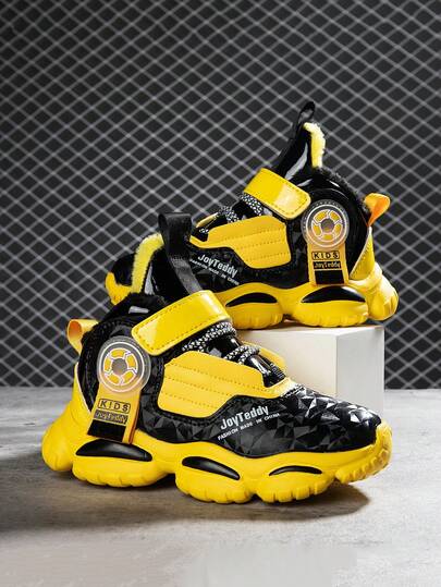 1 Pair Children's High-Top Basketball Sneakers, Thermal-Lined Warm Sports Shoes, Indoor/Outdoor Casual Running Shoes, Easy-To-Wear Hook-And-Loop Closure, Lightweight Comfortable New Fashion College Style Shoes For Boys And Girls, Suitable For Winter