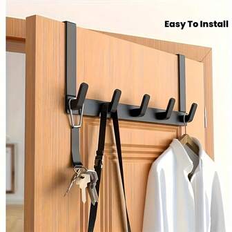 5 ganchos sobre la puerta de metal - Fácil instalación, resistente a la oxidación, organizador ahorra espacio para toallas, ropa y accesorios - Acabado negro moderno, ideal para uso doméstico, de viaje y de negocios, soporte de accesorios | Decoración contemporánea | Construcción de metal, perchas para ropa