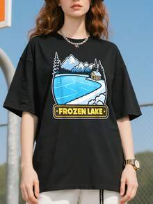 Scenic-Winter-Wonderland-Cabin-By-Frozen-Lake-T-Shirt - 黑色 - 查看 3