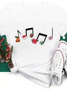 Women's 180g White Cotton Short Sleeve Crewneck T-Shirt With Festive Musical Notes Print – Christmas Theme Graphic Tee With Bells, Santa Hat, Ornaments, Poinsettia, Candy Cane – Comfortable Casual Holiday Top - White - View 2