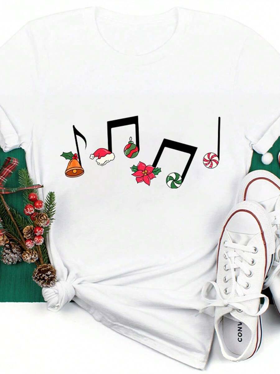 Women's 180g White Cotton Short Sleeve Crewneck T-Shirt With Festive Musical Notes Print – Christmas Theme Graphic Tee With Bells, Santa Hat, Ornaments, Poinsettia, Candy Cane – Comfortable Casual Holiday Top