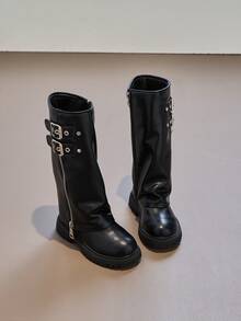 女童时尚过膝骑马靴，2025秋冬新款别致搭扣复古褶皱靴筒靴（内衬随机发货），【尺码偏小，建议选购大一码以获得更合脚的穿着体验】