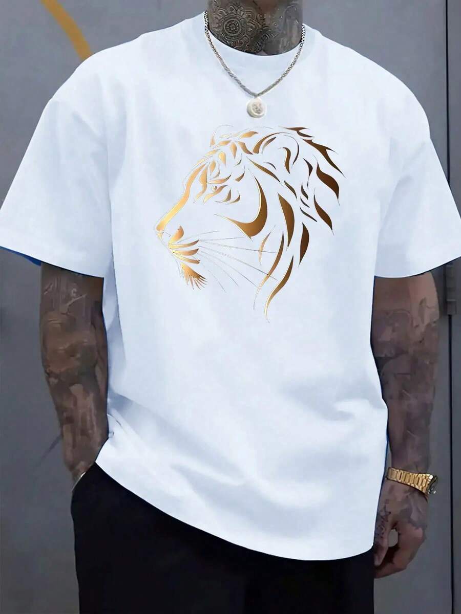 Men's Short Sleeve-Shirt With Eye-Catching Blue Lion Pattern Print - Sports Casual Elastic Neck Design, Breathable Summer Top Suitable Outdoor Activities And Daily Wear, Washable Comfortable Fit, Active Lifestyle Street Style, Elastic Fabric, Suitable Sports People, Loose Fit, Lightweight-Shirt, Printed Shirt, Streetwear Enthusiasts WER5 - trắng - Xem 1