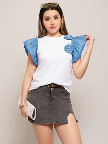 Blusa ligera para mujer de moda con olanes y flores 3D en bicolor de estilo casual para uso diario - Azul - Ver 4