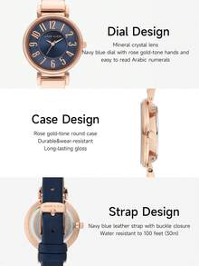 Anne Klein Easy Reader Navy Leather Strap Watch For Women, Ladies Quartz Watch With Rose Gold-Tone Hands And Easy To Read Arabic Numerals, AK/2156NVRG