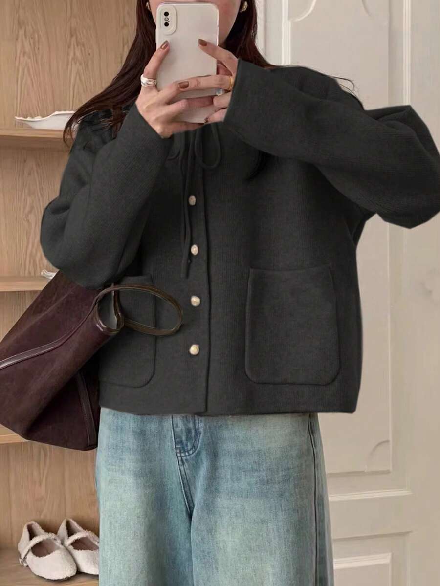 Alicedudu 女士秋冬柔软韩版系带蝴蝶结厚款宽松开衫毛衣 - 深灰色 - 查看 1