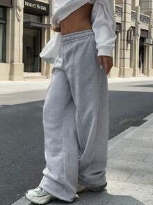 Sulojter Casual Loose Solid Color Elastic Waist Sweatpants - Grey - View 6