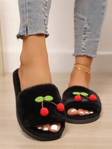 New Women's Cute Cherry Decor Plush Open Toe House Slippers, Comfortable Fluffy Slip-On Slippers For Women, Suitable For Bedroom And Living Room, All Season - Black - View 4