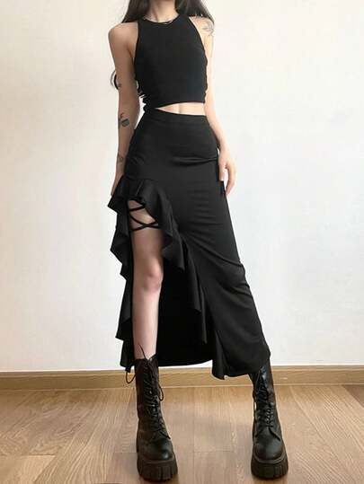 Top Dazzle 纯色 Bodycon 高腰开衩下摆迷你裙，街头时尚