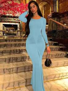 Fashionable Pleated Round Neck Long Sleeve Slim Fit Dress, Lightweight For Spring/Summer Elegant - Baby Blue - View 3