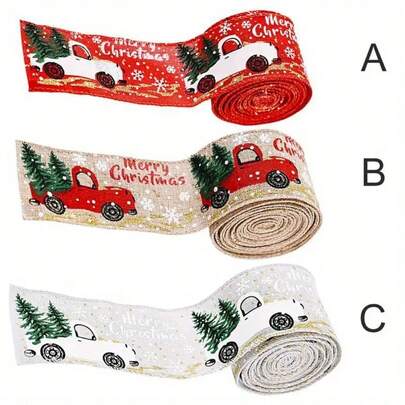 1pc Car Pattern Christmas Ribbon, Classic Christmas Tree Wreath Bow Satin Ribbon, Scenery Decor, Holiday Decor, Room Decor, Home Decor, Office Decor, Theme Party Decor, Christmas Decor