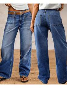 Quần jeans nữ ống đứng, quần jeans cạp cao co giãn dáng rộng, quần jeans túi rộng kiểu dáng thường ngày, quần jeans chất lượng cao. - Rửa trung bình - Xem 7