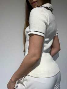 Striped Knitted Polo T-Shirt Ribbed Knit Summer Women's Fashion - 與布朗決戰 - 查看 2