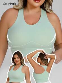 1 件加大码运动文胸，薄荷绿色柔软扭纹背部文胸，高弹力腰带，四向拉伸支撑提升，适合四季健身房瑜伽跑步，女士健身运动文胸