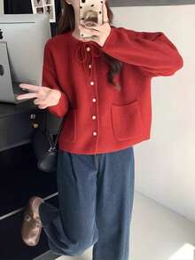 女士秋冬柔软韩版系带蝴蝶结厚款宽松开衫毛衣 - 紅色 - 查看 4