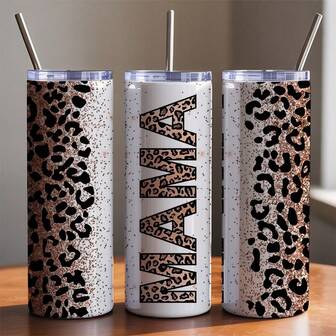 1 Pc 20oz Insulated Tumbler, Rose Gold Glitter "MAMA" & Leopard Print Design, With Straw & Brush, Double-Walled Steel Cup For Hot/Cold Drinks, Perfect Gift For Moms, Grandmas & Mother's Day.