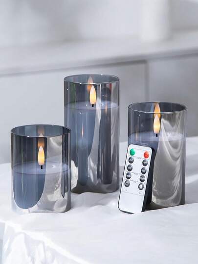 1/3 Pcs Set Flameless Candles With Remote Control And Timer, Flickering LED Candles, Battery Operated, 3D Flickering Flame, 3" X 4", 3" X 5", 3" X 6", Suitable For Wedding, Fireplace, Living Room, Bathroom, Home Decor, Dining Table Centerpiece, Christmas, Gift/Christmas Decoration, Gray