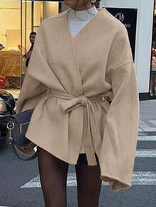 Vaiaye 女士纯色羊毛开衫外套，适合新年和感恩节穿着 - 卡其色 - 查看 5