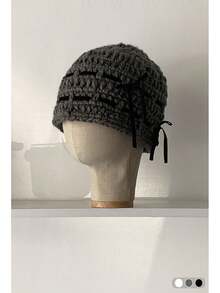 1 件秋冬百搭厚针织天鹅绒蝴蝶结保暖无檐小帽，女士手工针织耳暖桶帽，带天鹅绒蝴蝶结