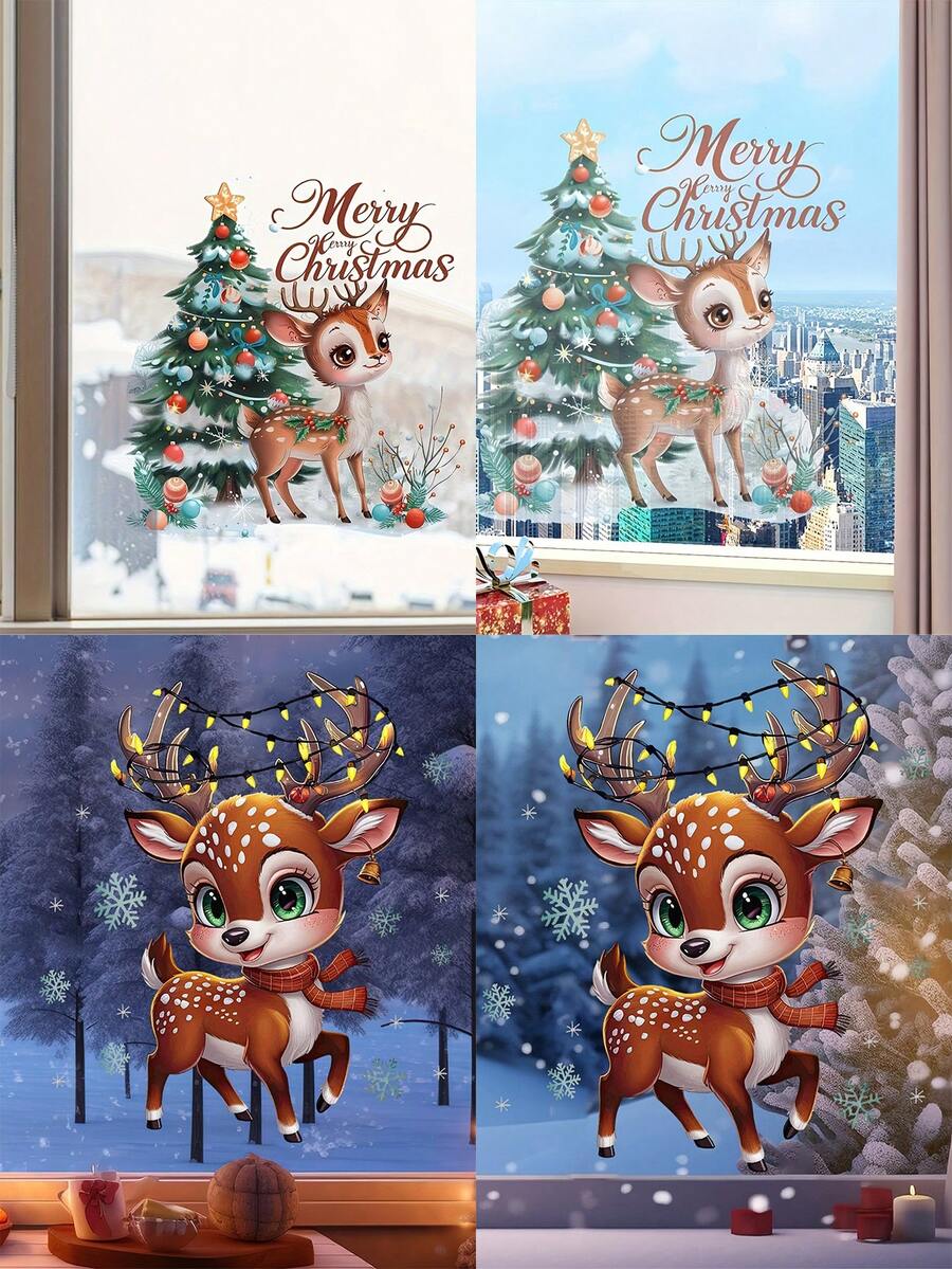 1 pièce Autocollant de fenêtre de renne de Noël festif - PVC, auto-adhésif, design de dessin animé classique avec scène enneigée et accents de houx, idéal pour la décoration de la maison et les cadeaux de Noël, décoration de Noël