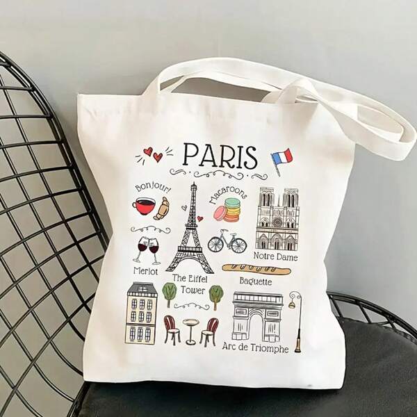 Bolsa de Viagem Paris - Bolsa de Ombro Casual, Sem Forro, Design Não Estruturado, Adequada para Mulheres, Alça de Ombro Ajustável, Lavável em Máquina