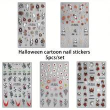 5-Pack 3D Halloween Nail Art Stickers And Decals - Cartoon Ghosts, Skulls & Floral Patterns, Plastic Self-Adhesive Nail Embellishments, Glass Surface Compatible, Single-Use Matte Fantasy Theme Nail Decor With Irregular Shapes And Embroidered Detail - Multicolor - View 10
