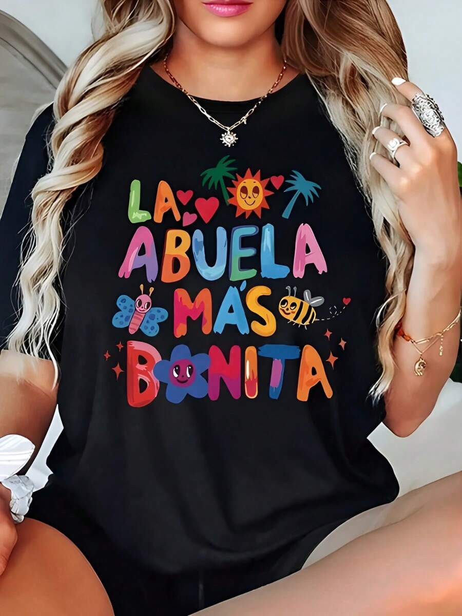 La Abuela Mas Bonita Colorful Graphic T - Shirt,220g Cotton Women's Casual Printed T-Shirt, Crew Neck Pullover Short-Sleeve