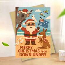 1pc Australian Christmas Card - Holiday Beach Scene With Santa, And Australian Animals - Envelope Style Holiday Greeting For Family, Friends And Colleagues - Perfect For Travel Enthusiasts And Summer Celebrations, Christmas Card | Cartoon Illustration | Paper Card, Christmas Card